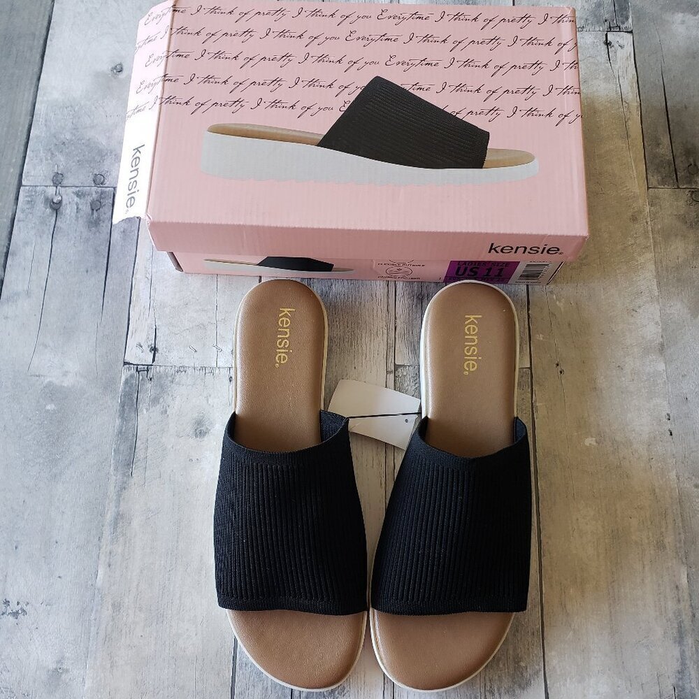 NWT - Kensie Ellie Black Slide Wedge Sandals - Size 11